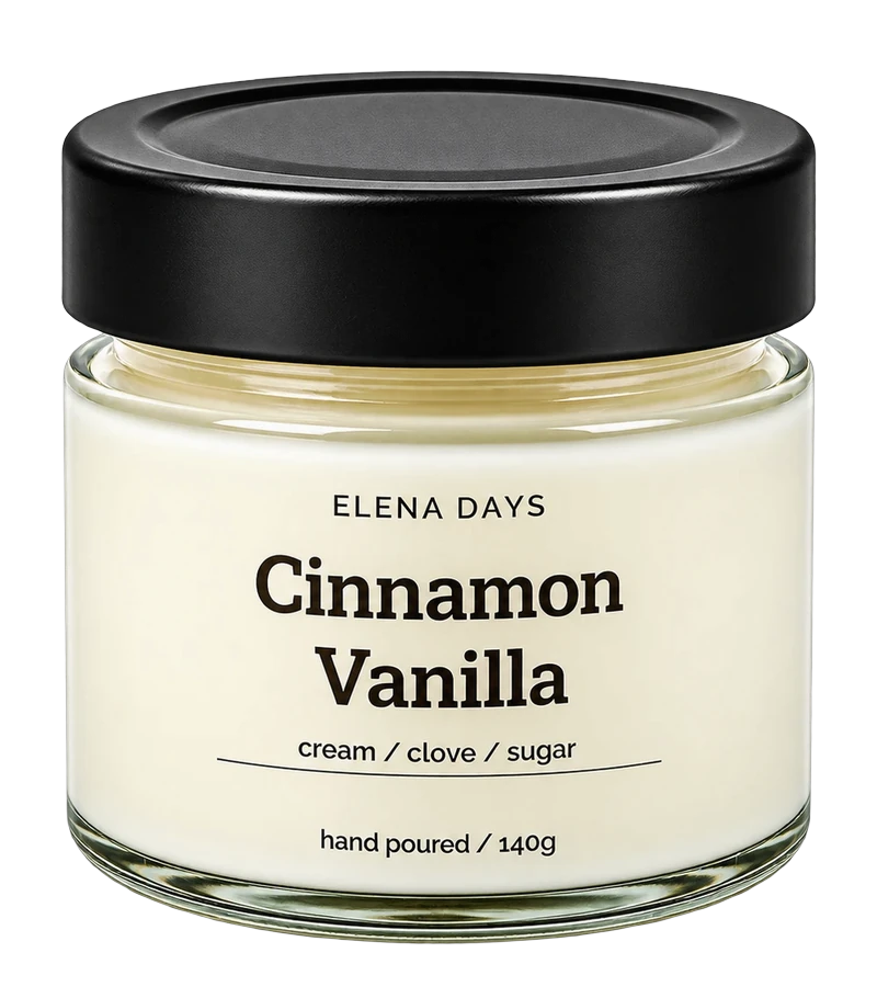 ELENA DAYS Cinnamon Vanilla, geschlossene Duftkerze mit schwarzem Deckel