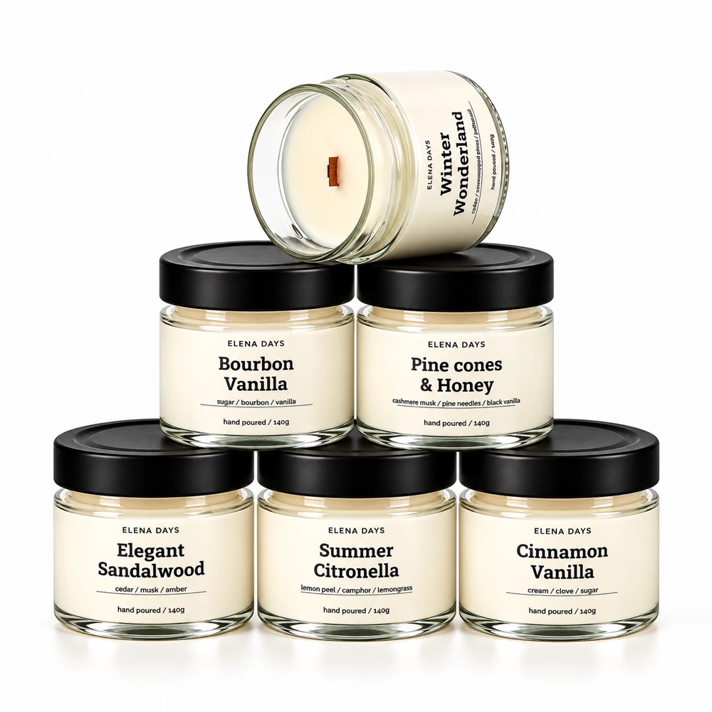 ELENA DAYS Helle Kollektion: Winter Wonderland, Bourbon Vanilla, Pine cones & Honey, Elegant Sandalwood, Summer Citronella, Cinnamon Vanilla