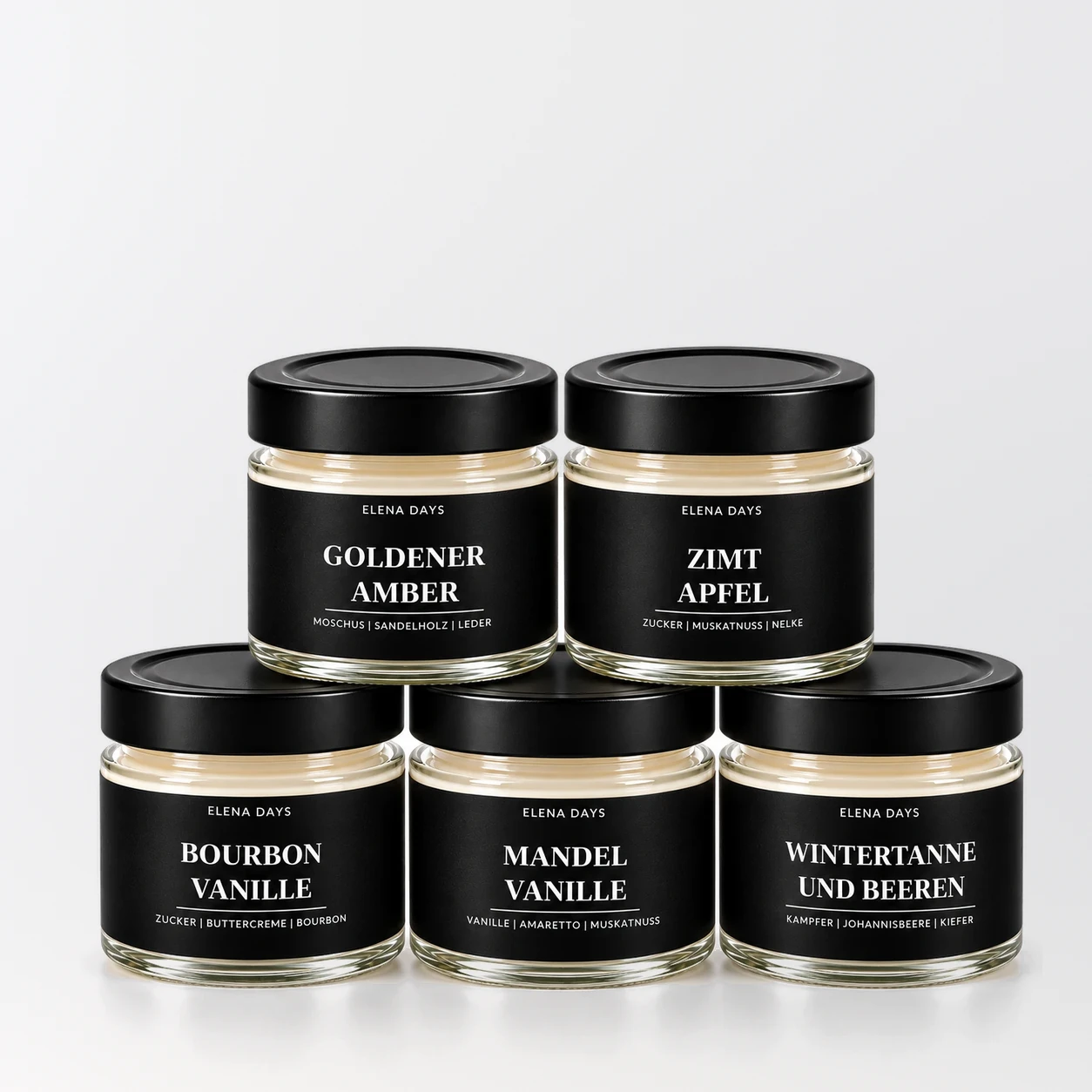 ELENA DAYS Black Label: Goldener Amber, Zimt Apfel, Bourbon Vanille, Mandel Vanille, Wintertanne und Beeren